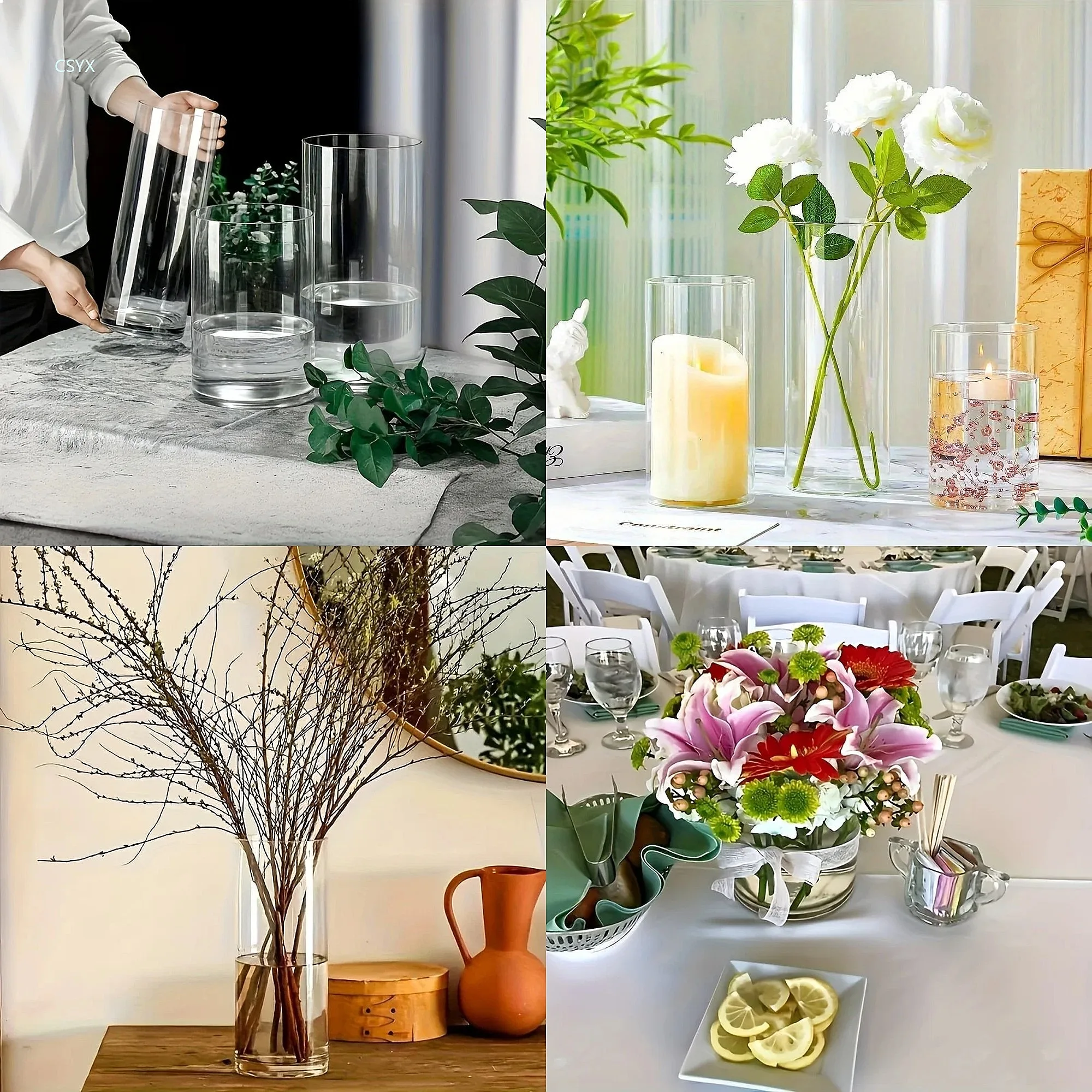 3-Piece Set of Transparent Acrylic Cylindrical Vases, Artificial Flower Containers, and Scented Candle Bases