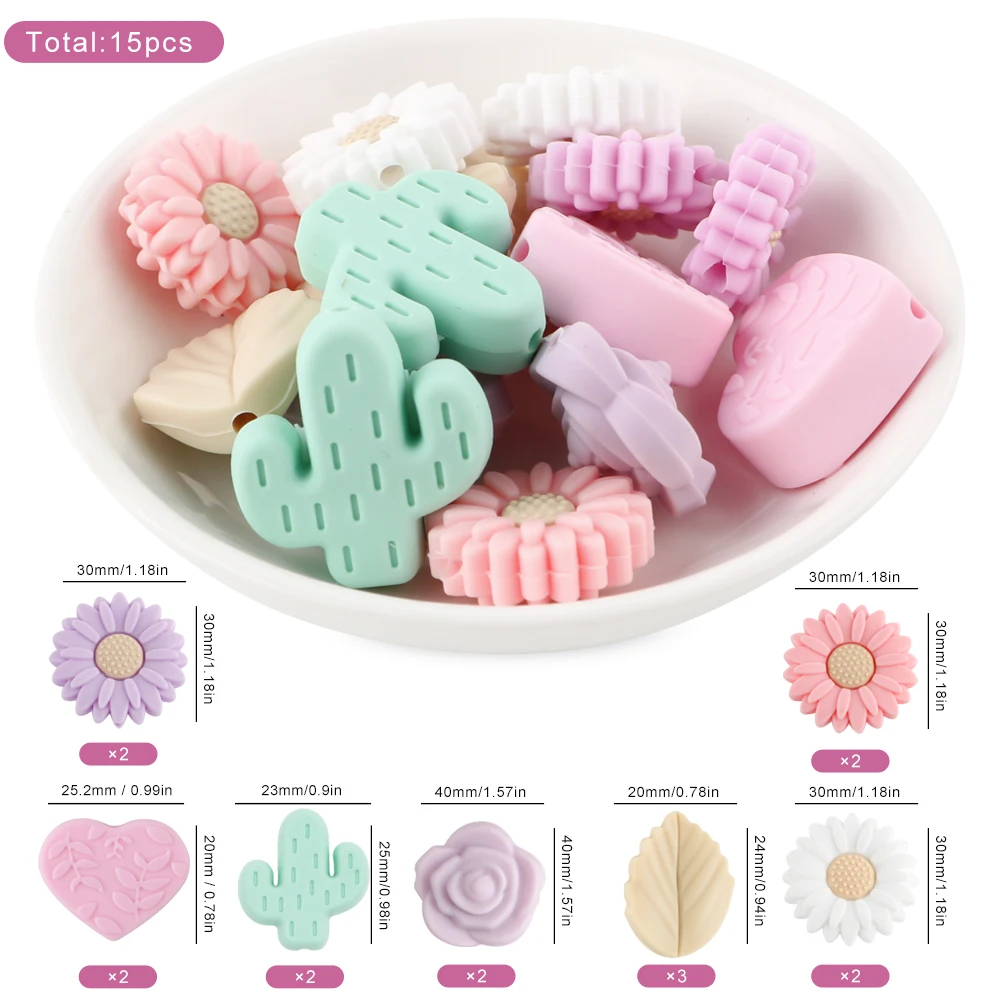 15Pcs/lot Mixed Style Silicone Beads Plant Series Silicone Focus Beads Flower Cactus Leaf Beads DIY Jewelry Handmade Accessories