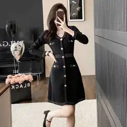 #0934 Office Sweater Dress Women V-neck Single Breasted Mini Dress Female Long Sleeve Slim Fit Short Knitted Dress Korean Style