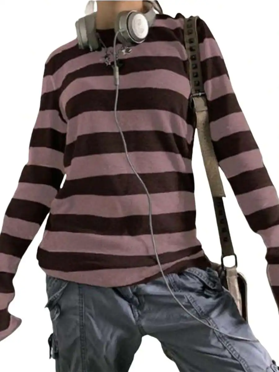 

Women's Striped Long Sleeve Round Neck Tee - Soft Cotton Blend, Slim Fit, Vintage-Inspired Streetwear