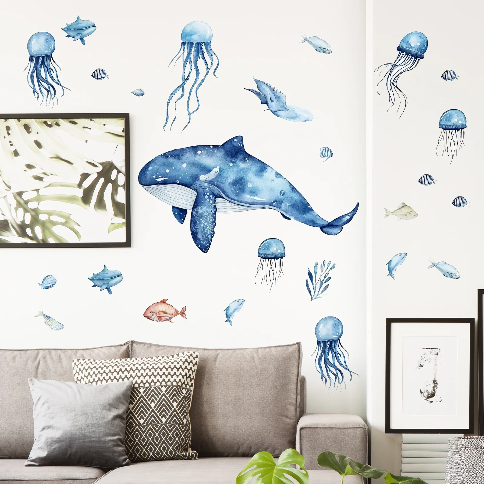 Cartoon Whale Jellyfish Wall Stickers Cute Ocean Animal Waterproof Removable Decals for Bathroom Bathtub Tile Home Decor