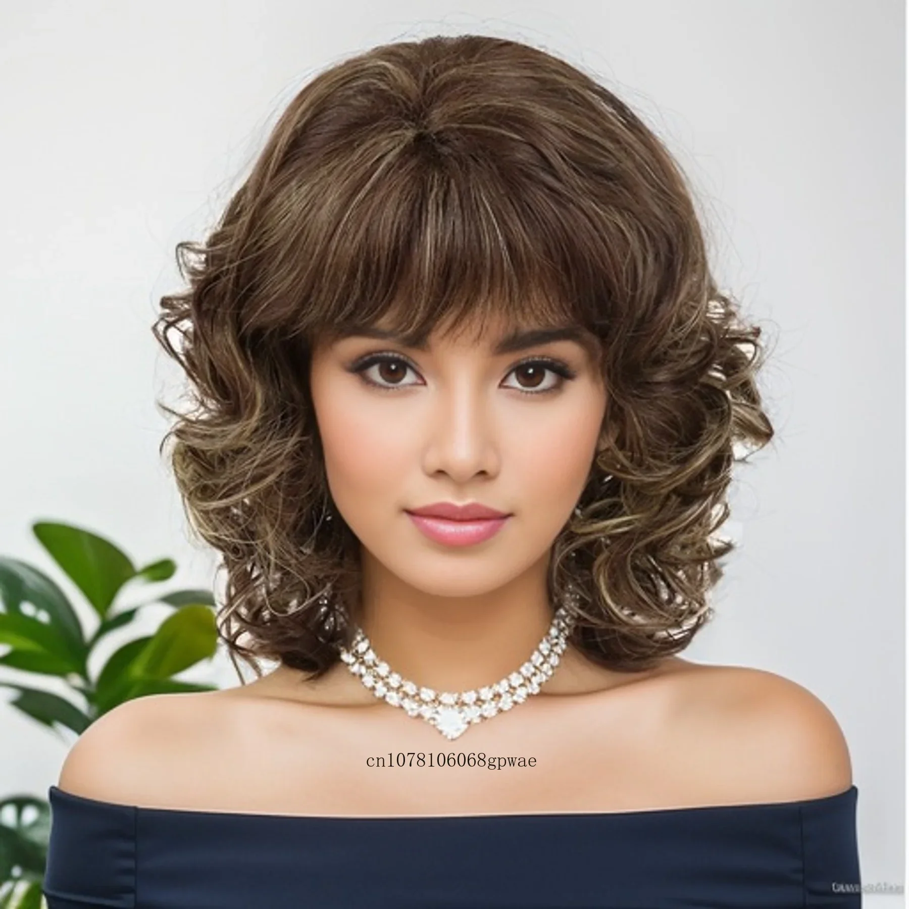 Fluffy Brown Wigs Synthetic Hair Bouncy Short Curly Wavy Wig with Bangs for Women Ladies Daily Costume Mommy Wig Heat Resistant