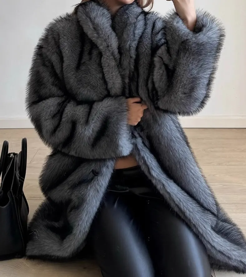 المرأة الفاخرة التلبيب فو الفراء سترة الأزياء التلبيب كم كامل أفخم فضفاضة الدافئة سترة طويلة سيدة الشتاء تخفيف الشارع ملابس خارجية