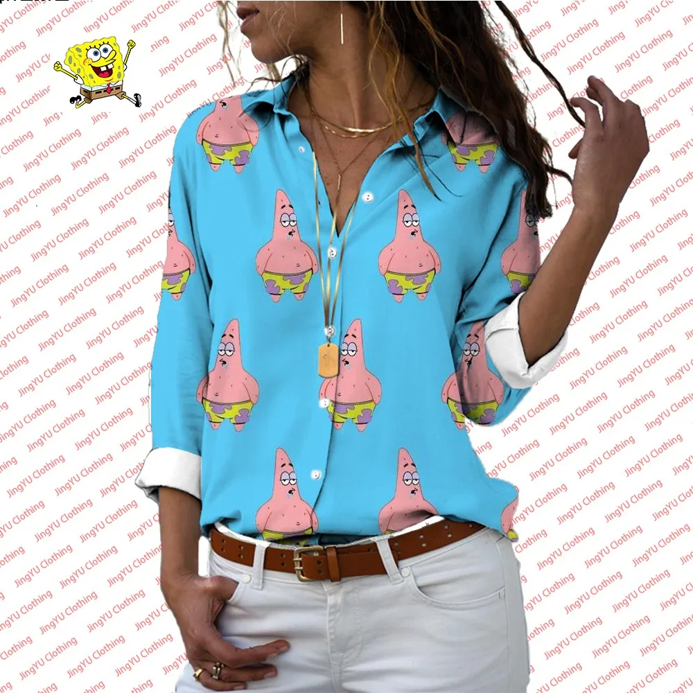 Comfortable and versatile new SpongeBob cartoon shirt summer leisure fashion women\'s lapel long-sleeved shirt