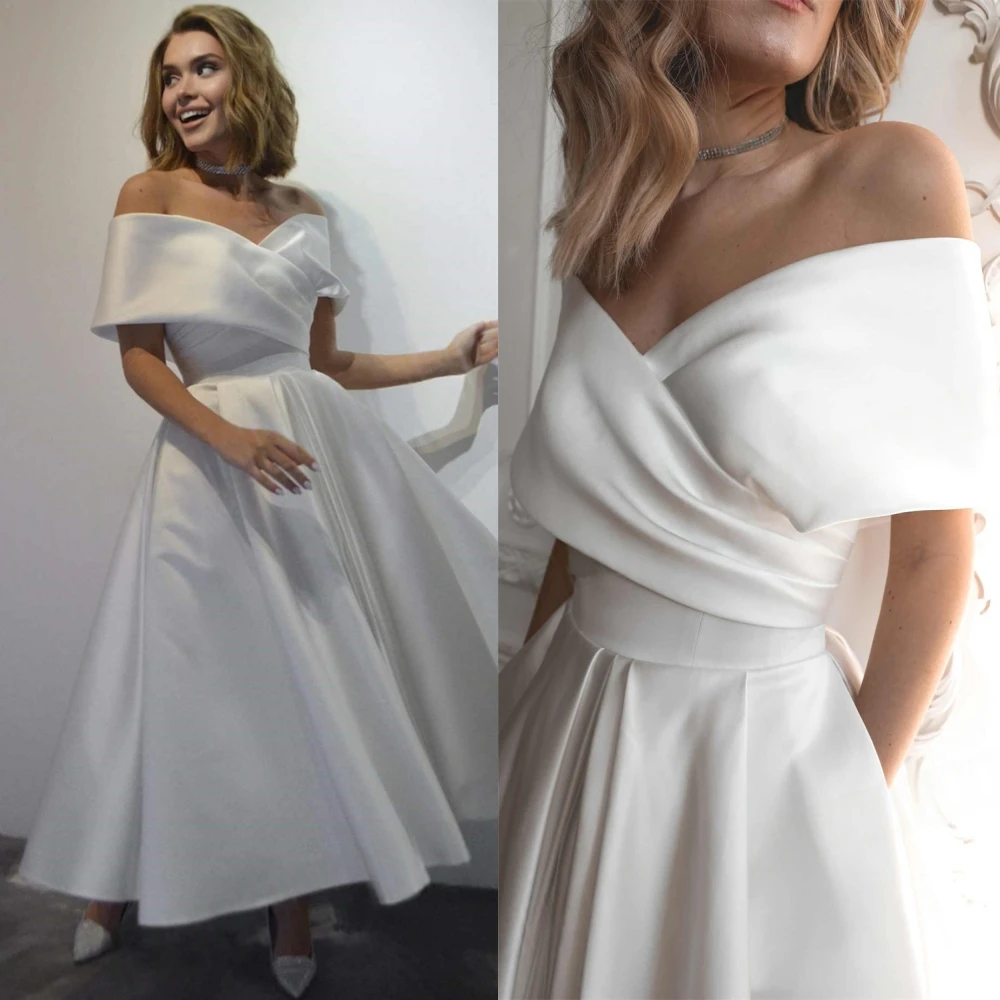 Customized Formal Satin V-Neck Evening Dress Delicate Off the Shoulder Prom Dresses Formal Short Sleeves Special Occasion Gowns