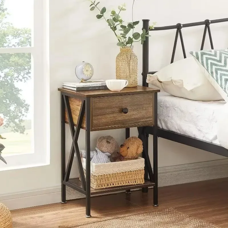 

Modern Bedside End Tables, Night Stands with Drawer and Storage Shelf for Living Room Bedroom, Industrial Metal Frame