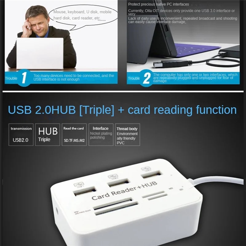 7 in 1 Portable Multi Function 3 Port USB HUB 2.0 Splitter Combo Card Reader Support TF SD M2 SDHC Card Read