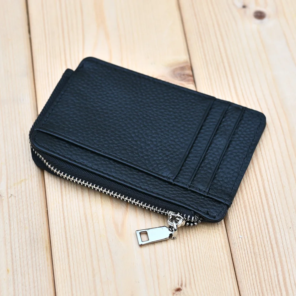 Slim Card Wallet Leather L Zip Premium Top Grain Cowhide Credit Card Holder RFID Blocking Pocket Purse with ID Window