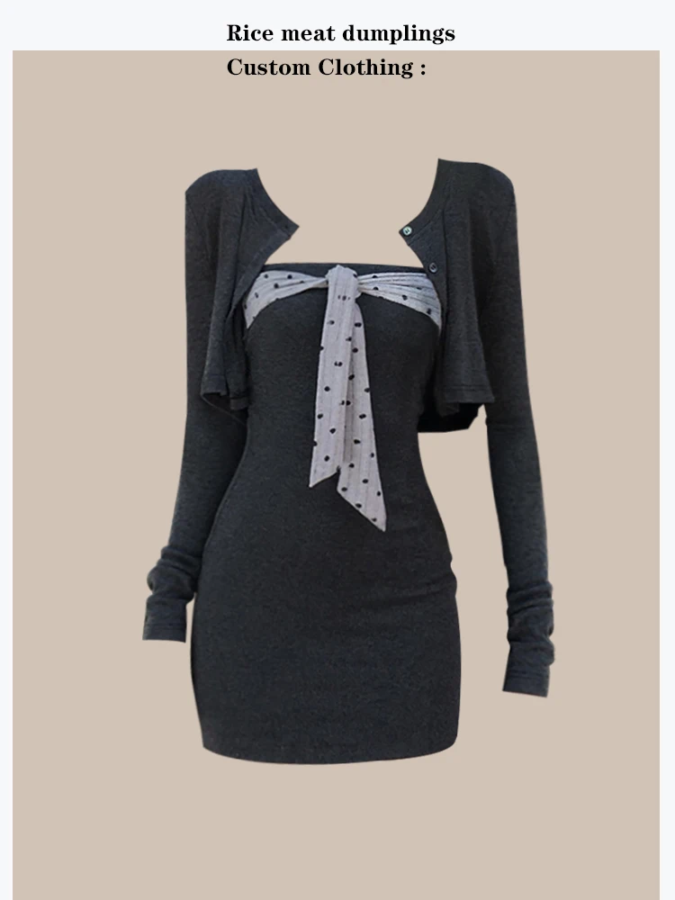 

Grey Checkered Short Sleeve Cardigan And Polka Dot Wrap Dress Two Piece Set for Trendy Women Autumn Fashion Outfit