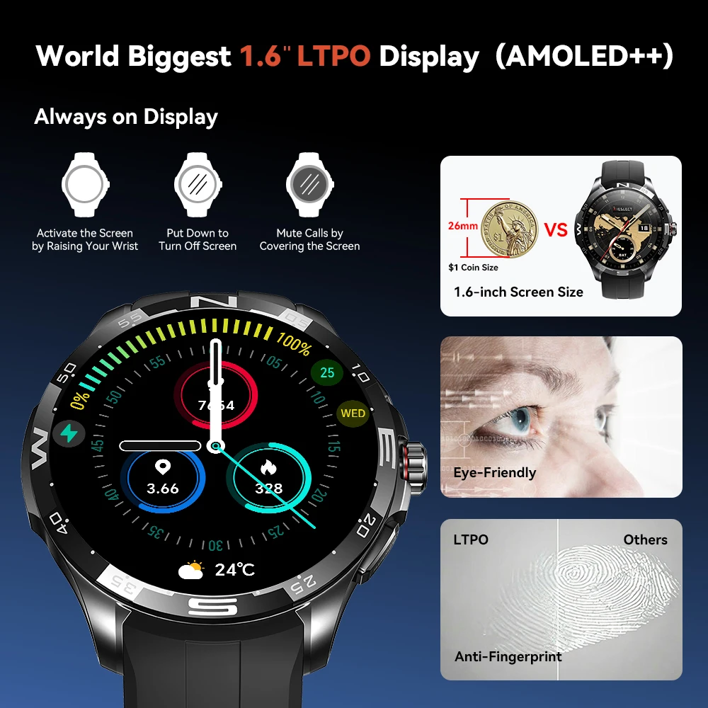 Kieslect Actor 1.6 "LTPO AMOLED ساعة ذكية GPS 5ATM مقاومة للماء تعمل باللمس جهاز تعقب للياقة البدنية مراقبة الصحة لنظام Android iOS