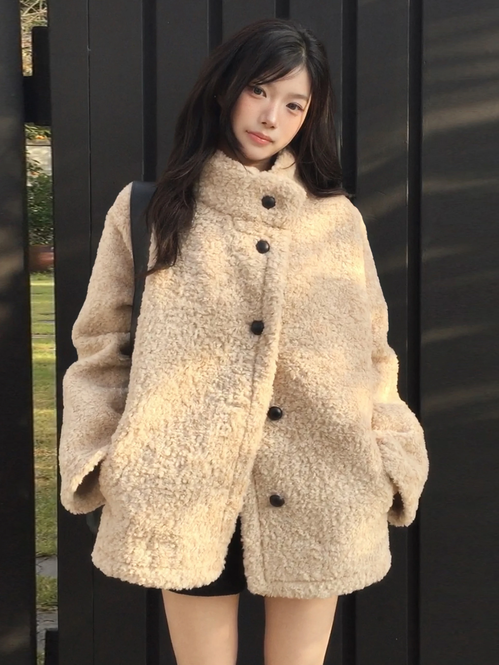 Retro Style Stand Collar Warm Loose Fur Leather Integrated Women's Medium Length Woolen Coat Elegant Outerwear for Ladies