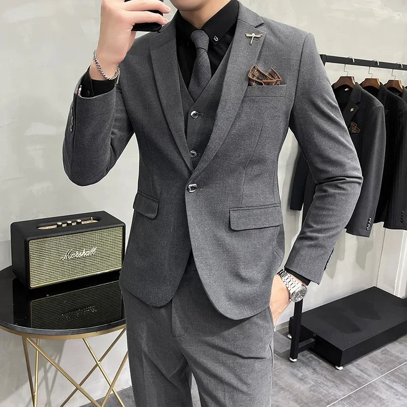 

( Jacket + Vest + Pants ) High-end Brand Boutique Fashion Solid Color Mens Casual Business Suit 3Piece Set Groom Wedding Dress