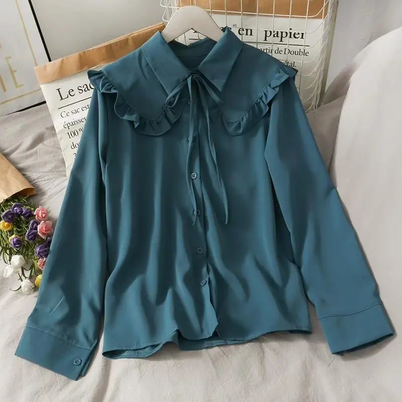 

Women's Spring Autumn New Fashion Elegant Doll Neck Long Sleeved Solid Color Simple Loose Shirt Casual Versatile Elegant Tops