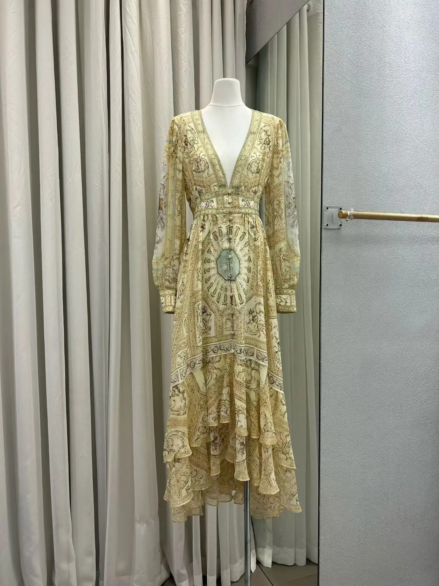 100% Silk Women Retro Print Maxi Dress Crystal Beaded V-Neck Long Sleeve Single Breasted Vintage Ladies Robe
