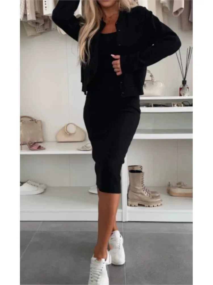 أزياء الصلبة اللباس مجموعة للنساء أنيقة طويلة الأكمام معطف قمم + السباغيتي حزام سليم حزمة الورك فساتين قطعتين مجموعات سيدة جديدة