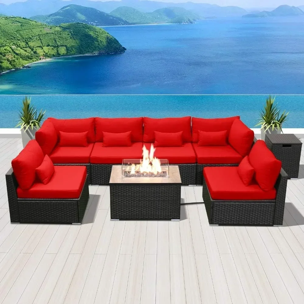 

Furniture Sectional Sofa with Gas Fire Pit Table Outdoor Patio Furniture Sets Propane Fire Pit red-Rectangular Garden Sofas