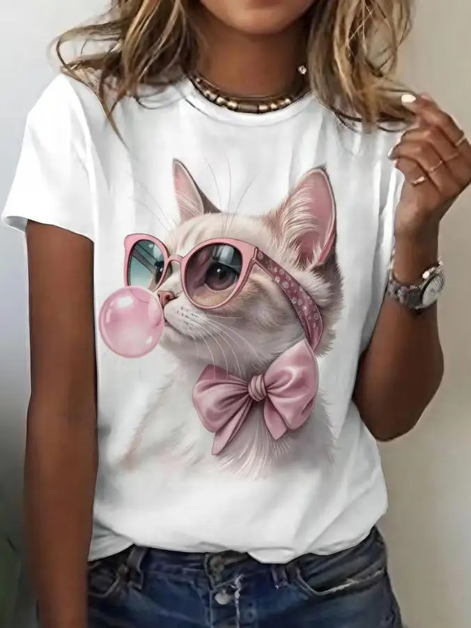 Women Cute Cat Graphic T Shirt Cat With Pink Sunglasses Bow Blowing Bubble Gum Print Round Neck Short Sleeve Casual Tee Party Commute Gift Top