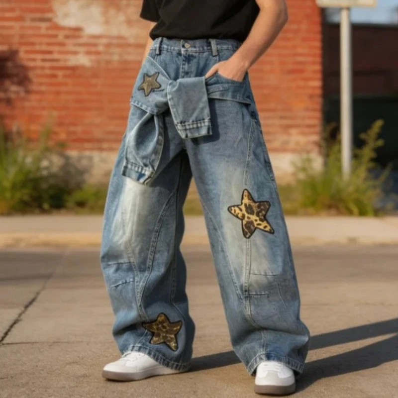 Hip Hop Unisex Y2k Casual Style Washed Baggy Jeans Men Leopard Star Patch Streetwear Pants Retro Distressed American Trousers
