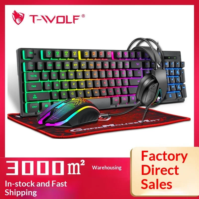 Bestseller T-Wolf Tf400 4 In 1 Rgb Backlit Gaming Combo Kit Keyboard Mouse Headset Mousepad For Sports Gamers Gaming Peripherals
