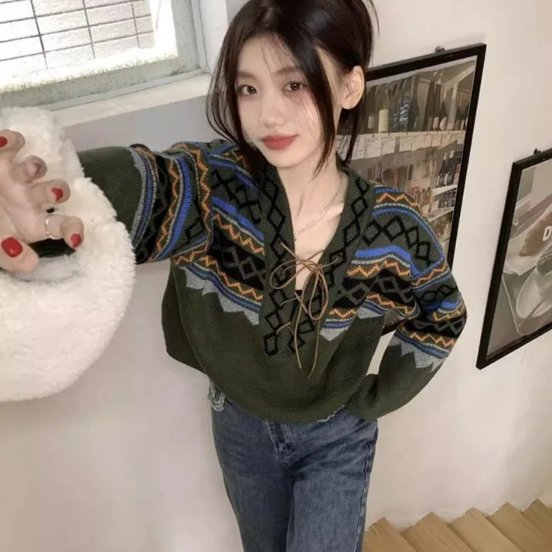 V-neck Long Sleeve Pullovers Women Lace-up Striped Designed Loose Knitted Skin-friendly Crop Tops College Holiday Casual Daily