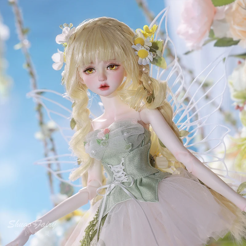 BJD 인형 1/4 펄 D 풀세트 (날개 포함) 플로럴 요정 디자인 풍만한 몸매 코티지코어 정원 의상 이상적인 수집가 선물 슈가파