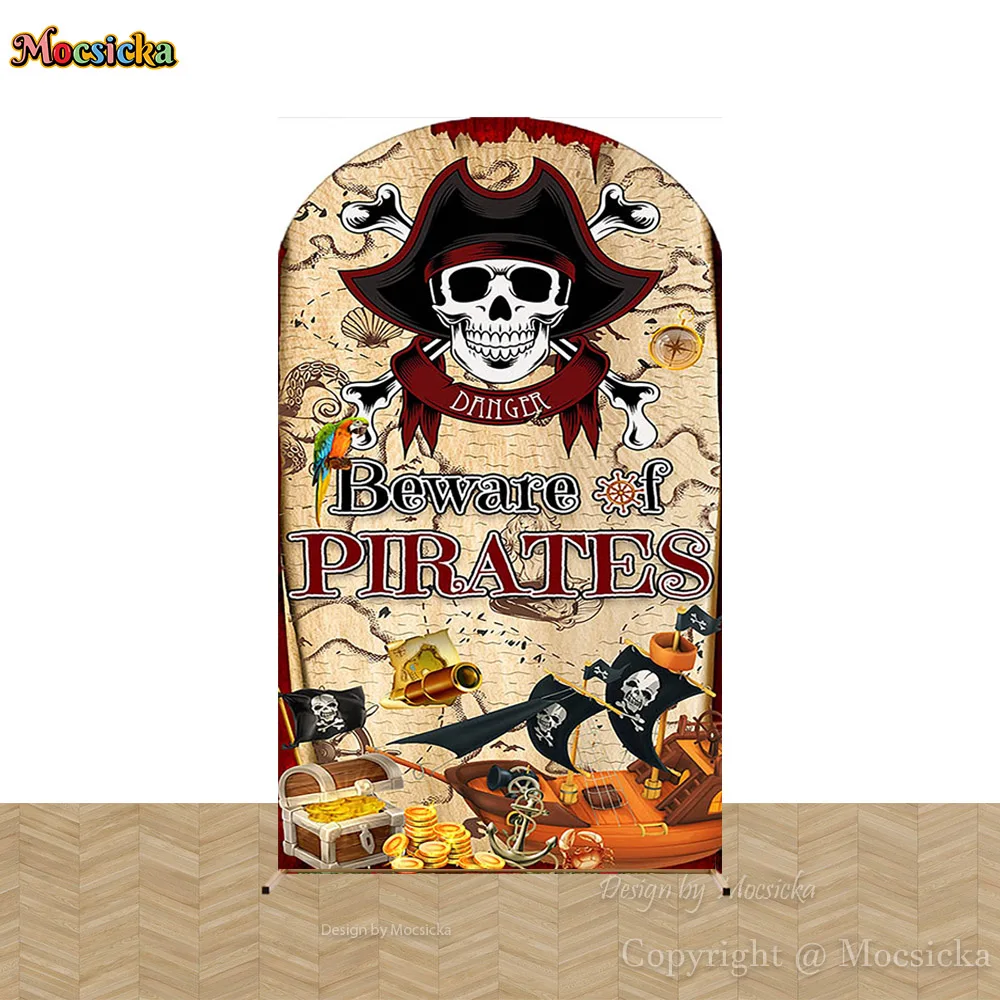 Mocsicka Beware of Pirates Party Arch Backdrop for Boy Birthday Studio Photography Treasure Map Adventure Background Custom Prop