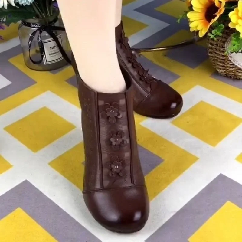 Soft Leather Mother Short Boots National Style Women 2024 Autumn Winter New Style Square Heels Lady Fashion Back Zip Retro Shoes