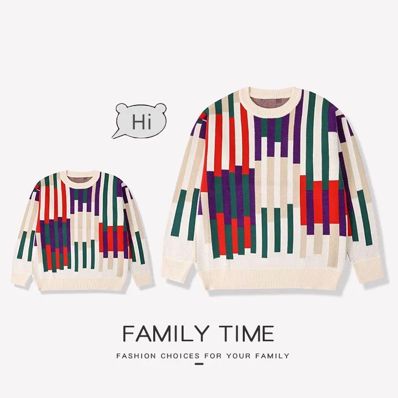 

Fashion Sweater for The Whole Family Knitted Tops Mom and Daughter Baby Girl Matching Striped Knitwear Dad and Son Boy Jumper