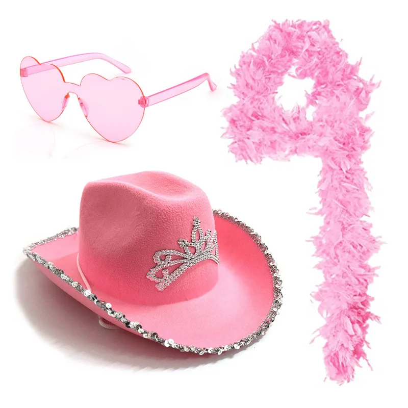 Sombrero de vaquero con bufanda de plumas de imitación, gafas de sol para jóvenes y adultos, moda rosa, accesorios para Gowgirl