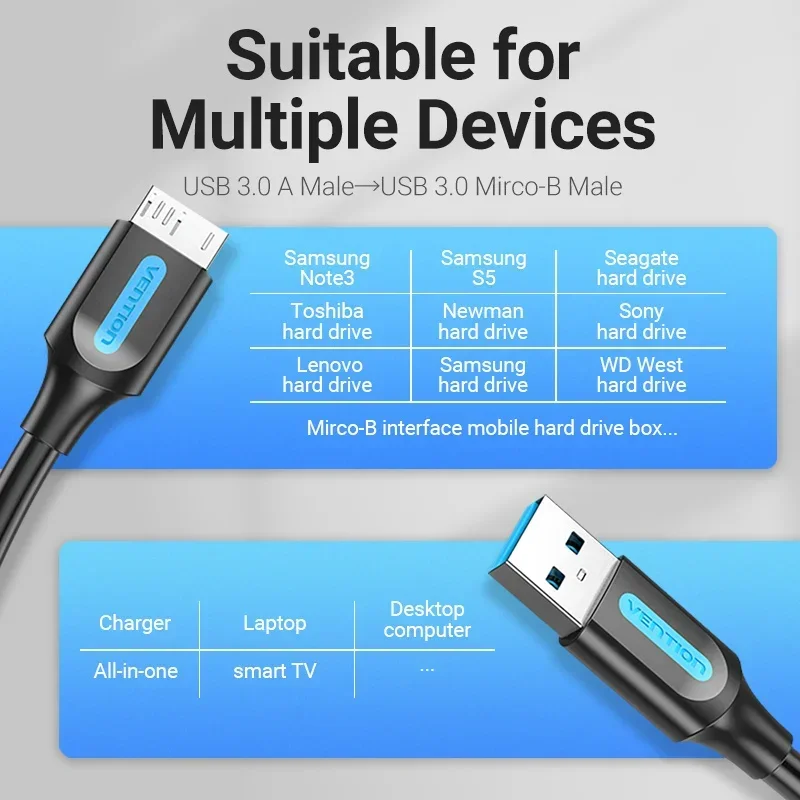 Vention Micro USB 3.0 Cable 2A Fast Charger Data Cord Mobile Phone Cables for Samsung Note 3 S5 Toshiba Sony USB Micro B Cable image 6