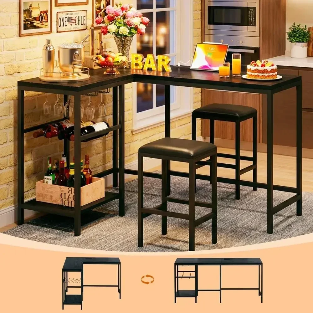 Black 63'' L-Shaped Dining Set with Storage, Cup Holders, Wine Rack & 2 Cushioned Stools