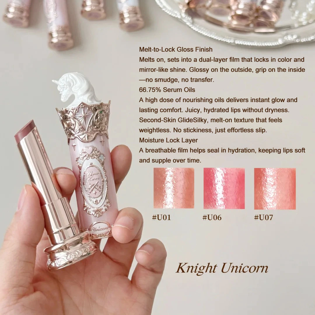 Flower Knows Knight Unicorn Lipstick Long Lasting Moisturizing Hydrating Plumping Solid Lip Glaze No Sticky Weightless Shine