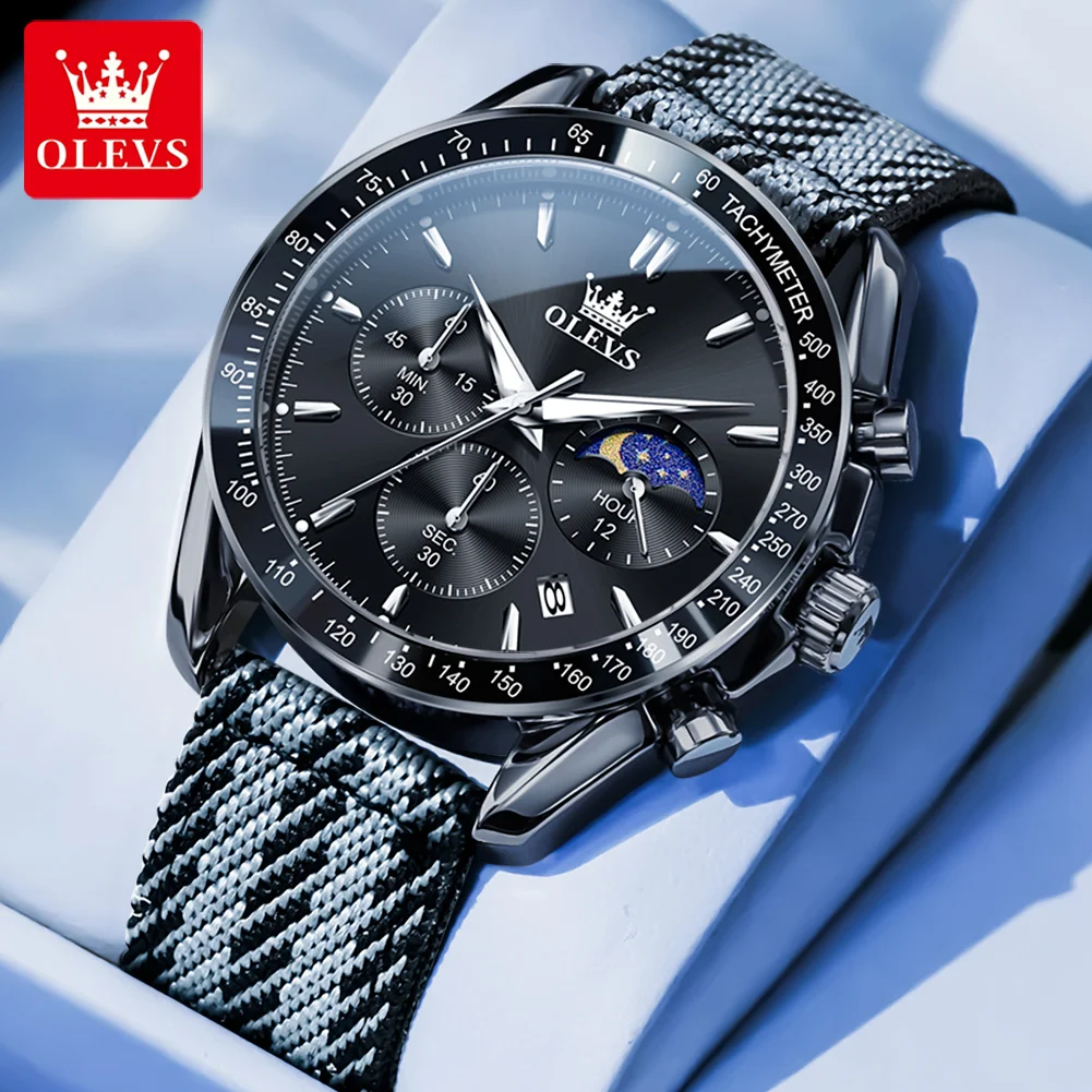 OLEVS 3630 Quartz Man Watch Date Chronograph Moon Phase 30m Waterproof Watch For Men Fashion Nylon Strap Original Hand Clock