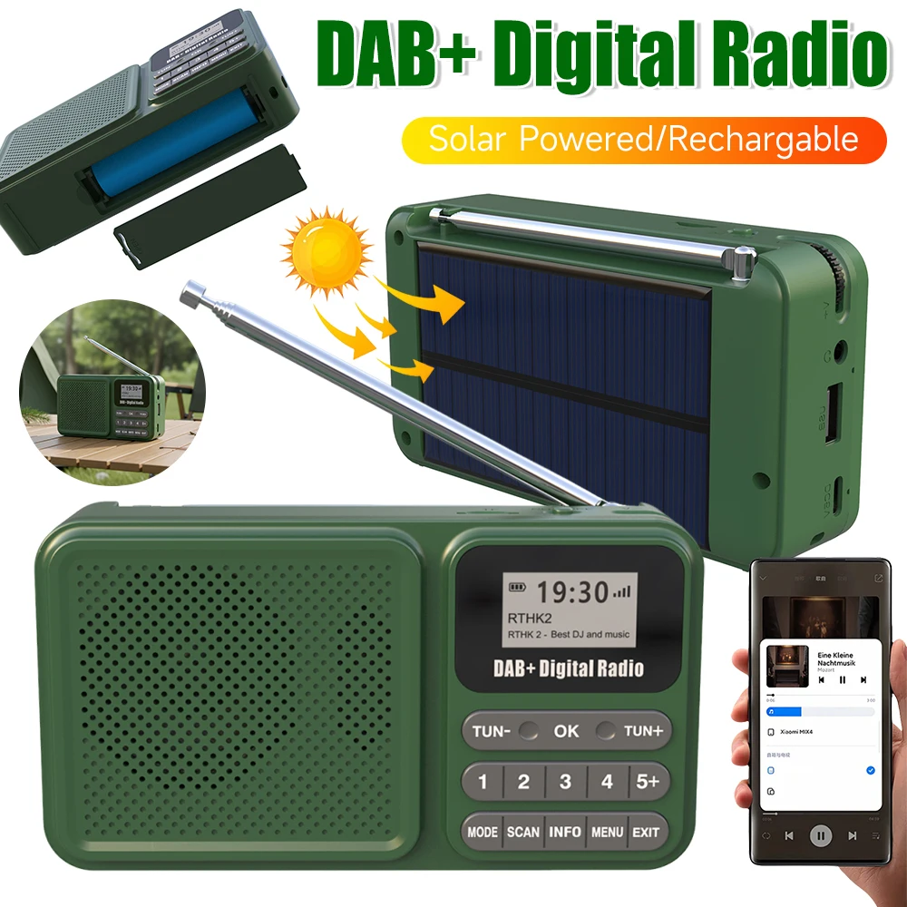 

Портативное цифровое радио DAB+ с поддержкой Bluetooth, FM-радио с солнечной батареей/перезаряжаемое, поддерживает воспроизведение MP3 с U-дисков и TF-карт, LCD-дисплей