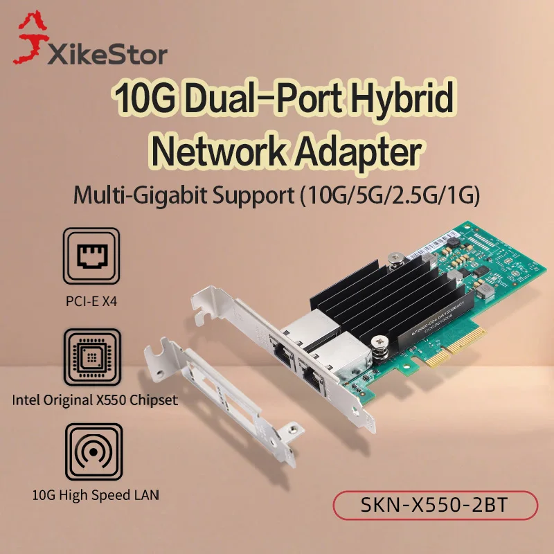 

XikeStor Intel X550-T2 Chip PCIEx8 dual RJ45 10Gbps port Hybrid Internet Network Card Support Windows/Linux, SKN-X550-2BT
