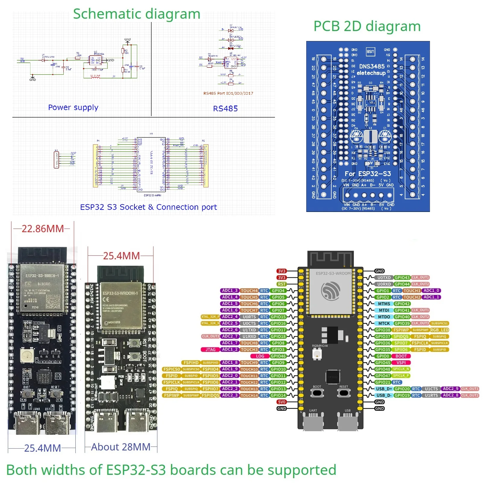 2.4G WiFi BLE Powerful AI Acceleration Reliable Security Features MCU USB to RS485 Modbus Module ESP32 S3 AIOT Expansion Board