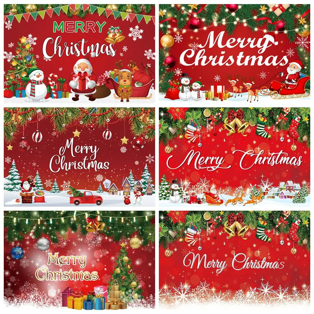 

Merry Christmas Backdrop Cartoon Santa Claus Reindeer Sled Red Bell Wreath Baby Kids Birthday Party Photography Background Decor