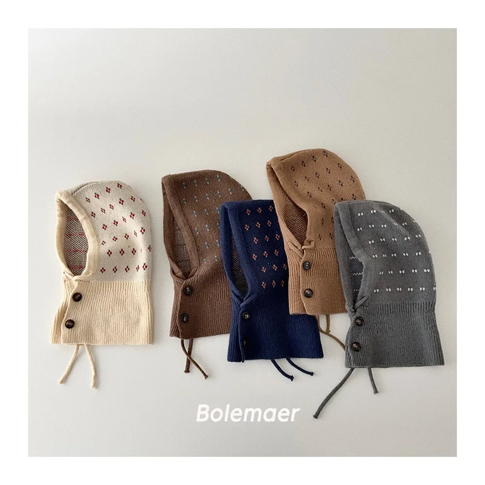 

2025 One-piece Kids Knitted Hat with Scarf Autumn Winter Baby Knit Caps Ear Warm shawl Protection Caps