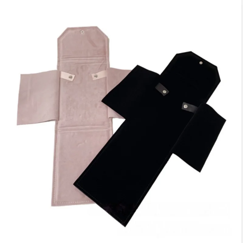 Jewelry Necklace Display and Storage Square Bag Pink Velvet Pearl Necklace Packaging Roll Bag Black PU Leather Pendant Bag