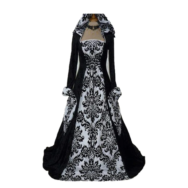 Women's Dinner Medieval Hooded Flare Dress Printed Art Long Sleeves Lace Up Waist