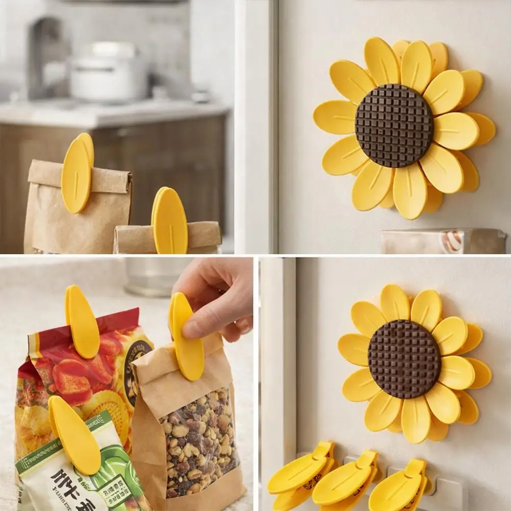10 Stück Niedliche Sonnenblumen-Magnetverschlussclips mit Basis, Luftdichte Chip- und Snacktütenclips, Küchen-Frischhalteclips, Notizclips – Detail 4