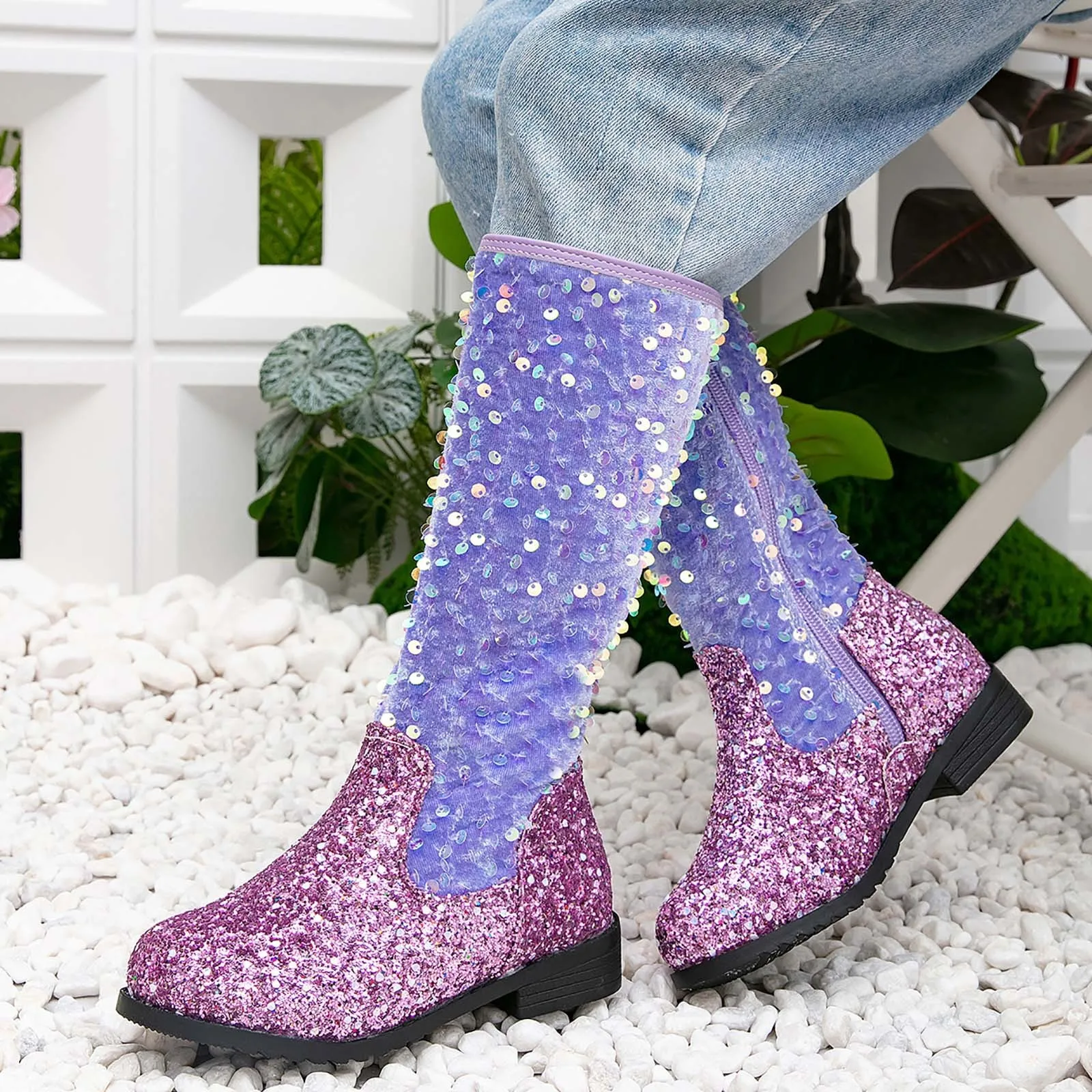 

Children's Boots Girls Boots Mid Calf Round Toe Glitter Toddler Western Cowboy Boot Little Kid Big Cowboy Boots for Girls Size 3