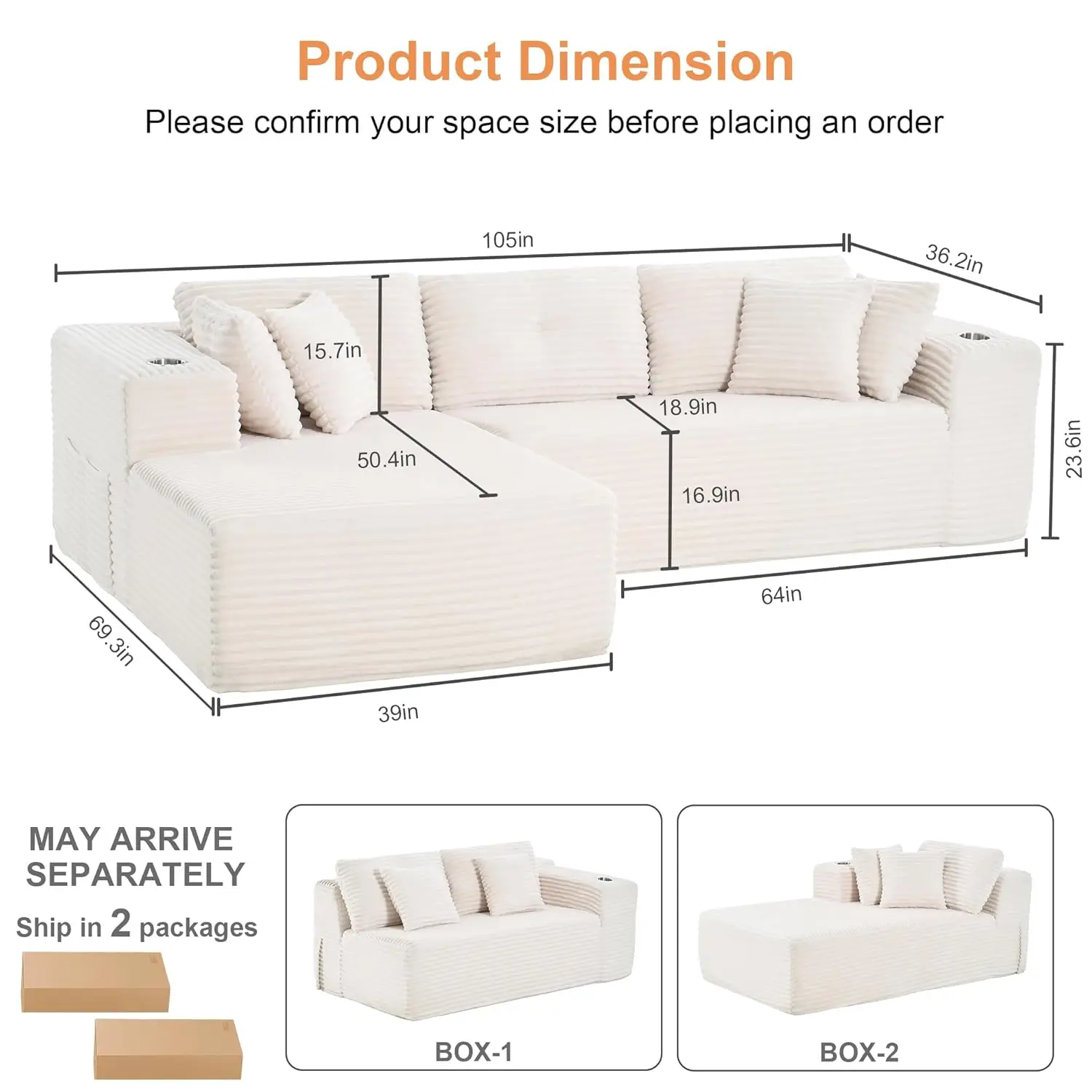 โซฟาแบบแยกส่วน, โซฟาเข้ามุมรูปตัว L ขนาด 105 นิ้ว นุ่มสบายเหมือนปุยเมฆ พร้อมที่นั่งลึก, โซฟาไร้โครงสำหรับห้องนั่งเล่น, โซฟาแบบแยกส่วน 3 ที่นั่ง