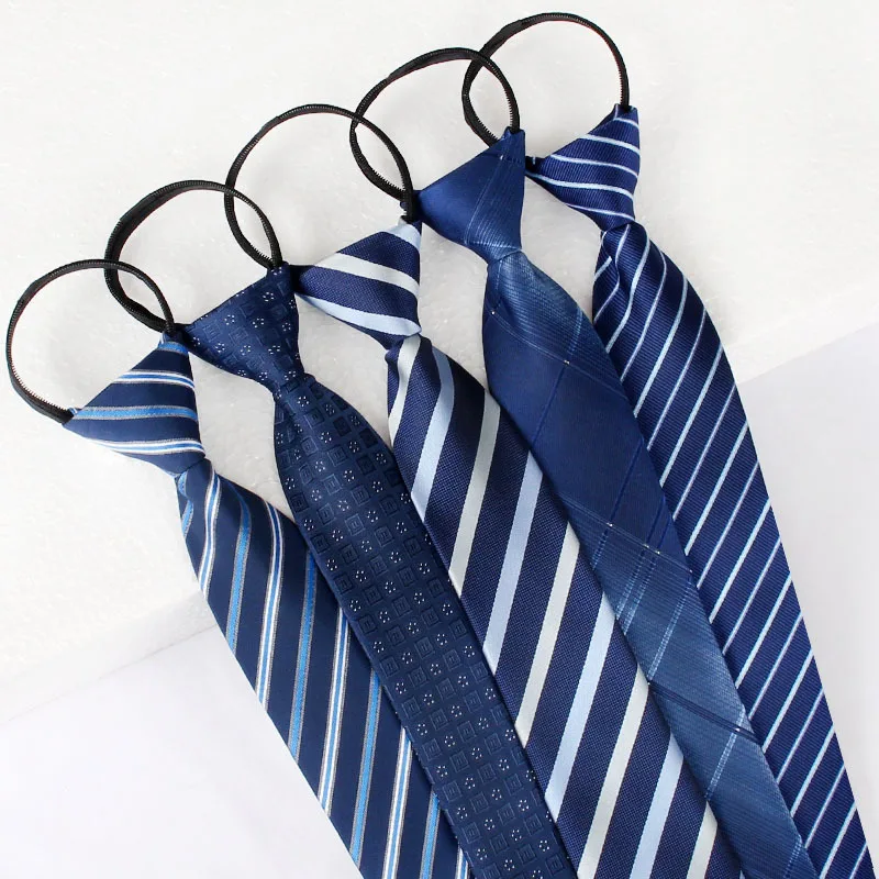 Wholesale Men\'s Business Dress Party Zipper Neck Tie Elegant Gentleman Shirt Groom Wedding Stripe Navy Lazy Ties Accessories