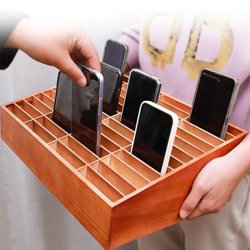 Wooden Multi Grid Phone Storage Box Office Meeting Rack Cards Screen Film Express Bills Desktop Storage Organizer Cabinet Holder
