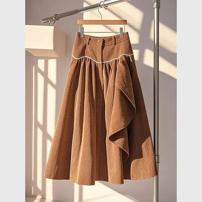 ใหม่แฟชั่น Corduroy กระโปรงผู้หญิงฤดูใบไม้ร่วงฤดูหนาว Ruffles เอวสูง Casual A-Line พับกระโปรง Patchwork Contrast สี Jupe