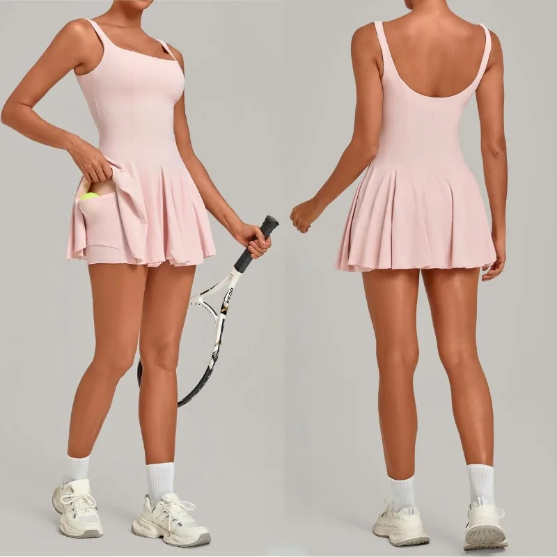 Women's Tennis Skirt Dress Sports Fitness Golf Beautiful Back Slim-fit One-Piece Workout Training Gym High Stretch Yoga Dress
