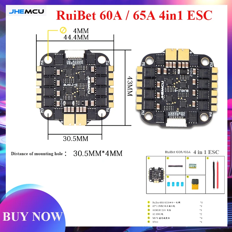 

JHEMCU RuiBet 60A / 65A 3-6S Dshot600 BLHELI_S 4in1 ESC Built - in tvs tube Pole distance 30.5x30.5mm for RC FPV Drone