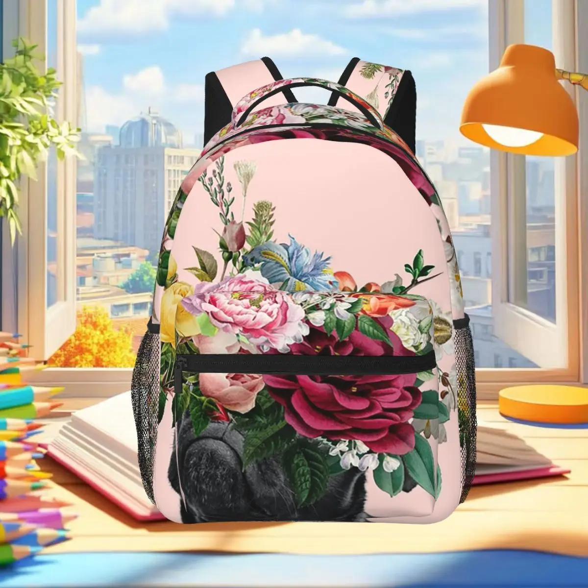 Cherry Blossom And French Bulldog Print Backpack Student Boys Girls BookBag School Bag Laptop Shoulder Bags for Men Women