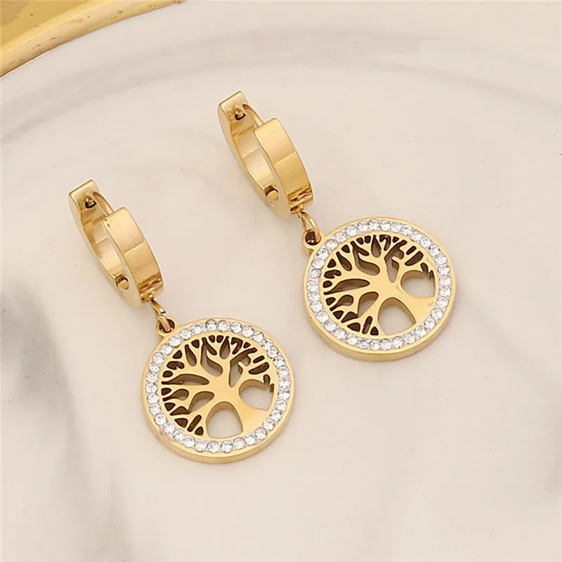 316L Stainless Steel Blade Chain Hollow Circular Pattern Life Tree Full Of Zircon Pendant Necklace Bracelet Earring Set